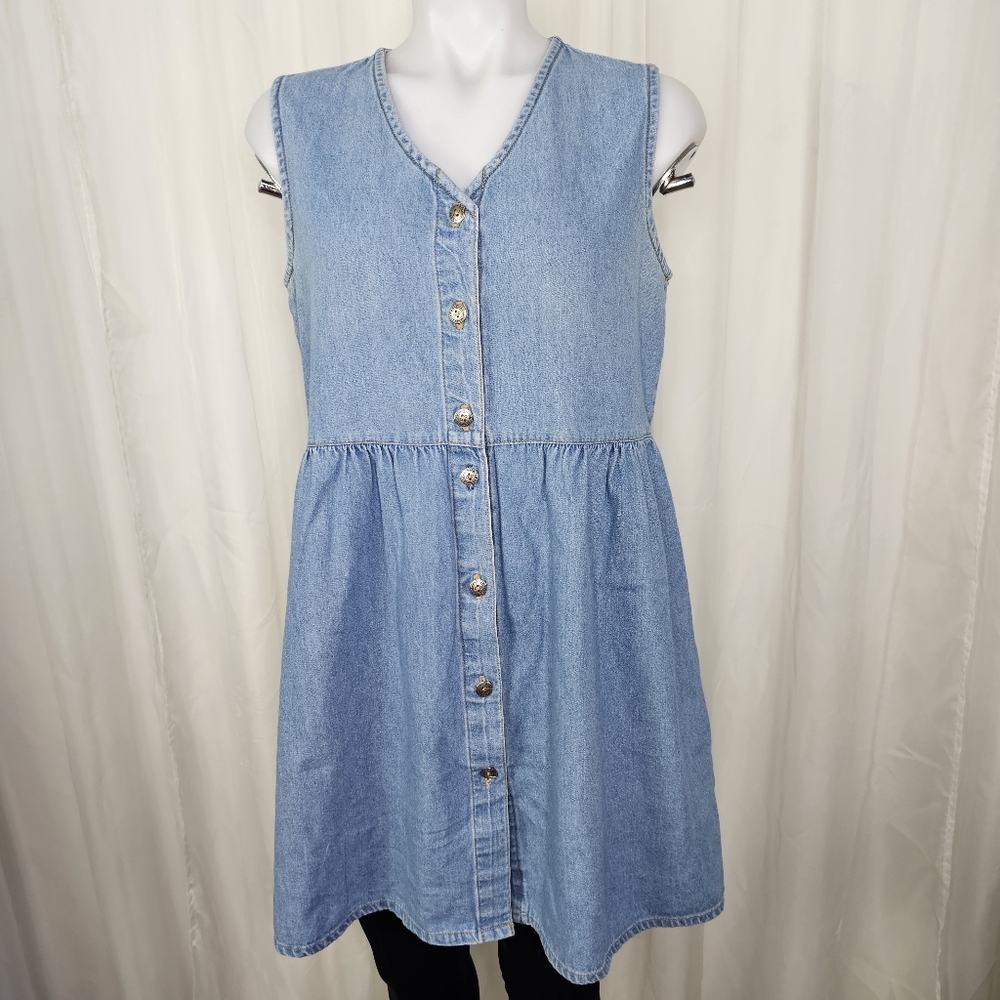 Vintage Match Blue Denim Chambray Sleeveless Dress Cottagecore Fairygrunge 10P